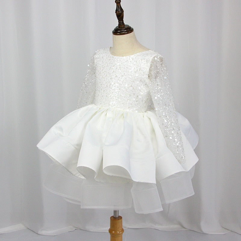 Flower Girl Bridesmaid Dresses Long Sleeve Sequins Elegant Wedding Party Dress For Girls Baby Puffy Prom Gown Children Clothes