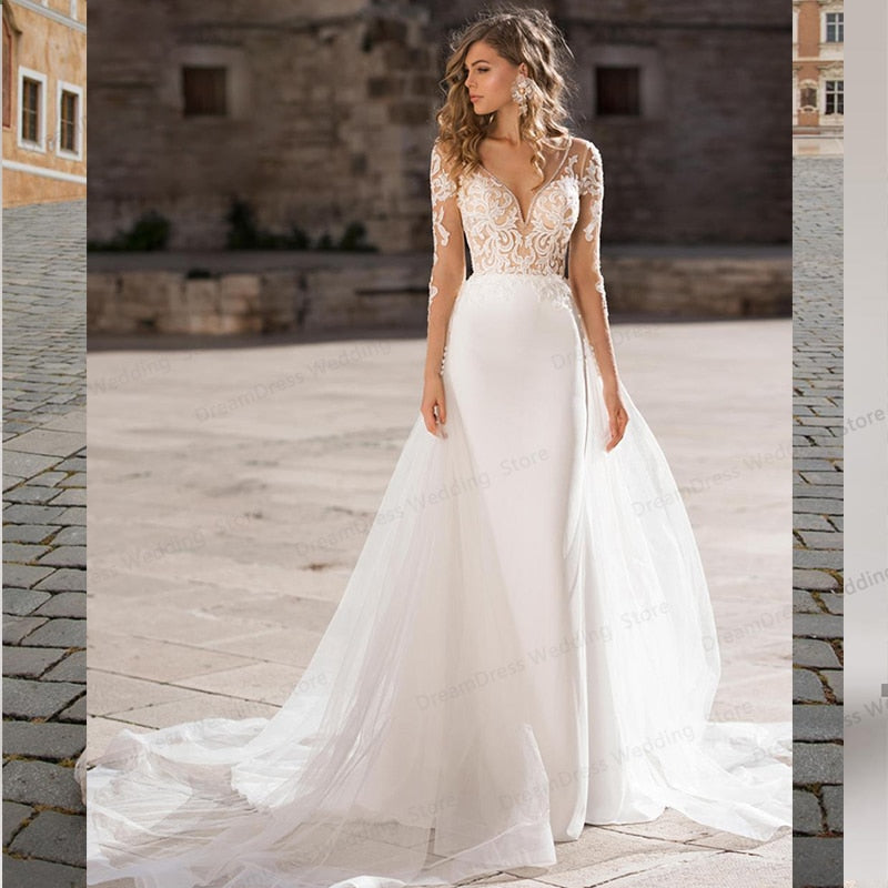 Simple Wedding Dress long Sleeve Backless Robe De Mariee For Women Design Chiffon Lace Bride Dresses Princess Dress
