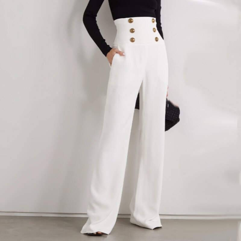 Black White Flare Pants WomenNew Double Breasted Gold Metal Lion Button High Waist Slim Full Length Office Casual Trousers
