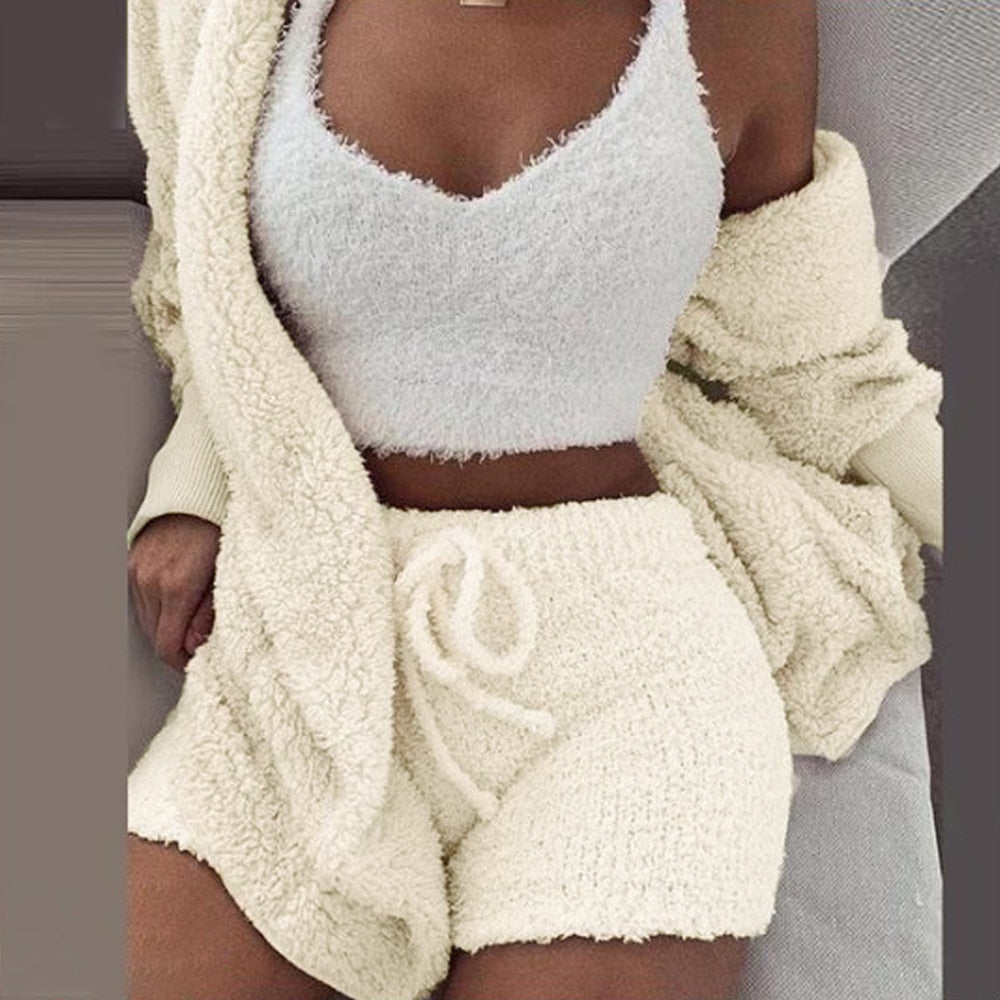 3PCS Pajama Set Women Sexy Fluffy Suit Velvet Plush Robe Set Soft Warm Sleeveless Sweater Loungewear