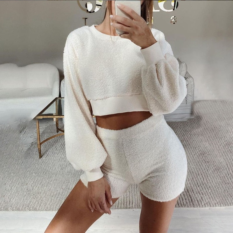 Solid Warmth Two Piece Set Women Shorts Imitation Cashmere Loungewear Casual Winter Matching Suit Long Sleeve Girls Athleisure