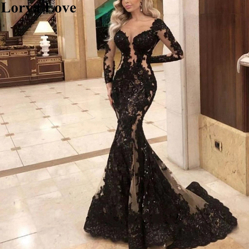 Long Sleeves Sexy V-Neck Black Evening Dresses 2022 New Party Night Robe De Soiree Elegant Long Sleeves Vestidos Prom Lace Gowns