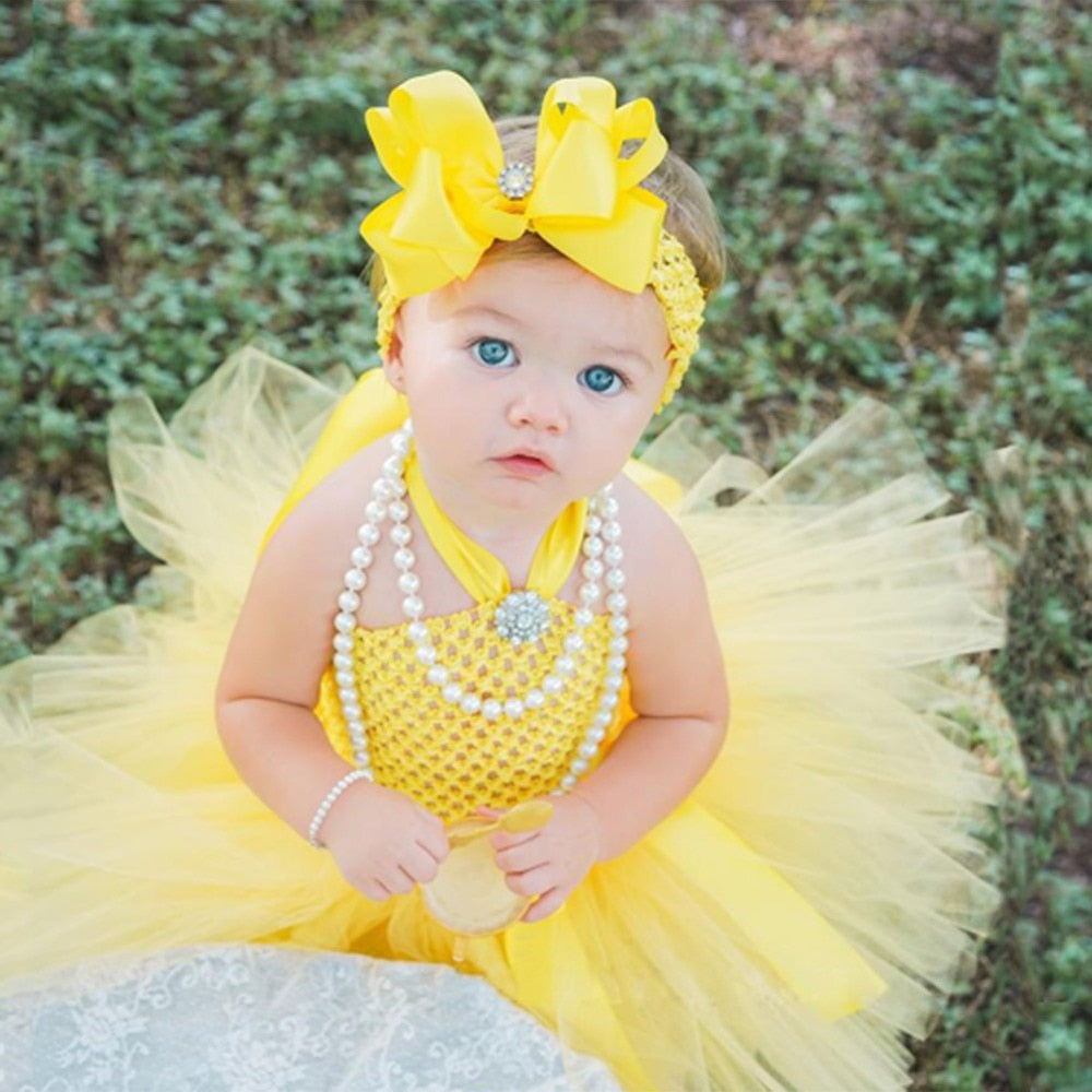 Cute Baby Girls Yellow Tutu Dress Infant Toddler Crochet Tulle Dress with Hairbow Set Children Birthday Party Costume Dresses