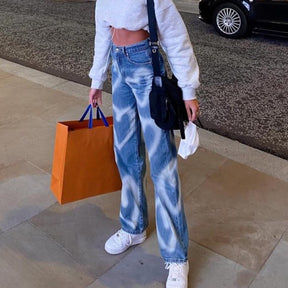 Fashion Patchwork Jeans Pants Women 90s Streetwear Cargo Pants High Waisted  Denim Straight Trousers