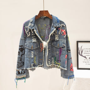 Streetwear Fashion Rivet Letter Graffiti Print Denim Jacket