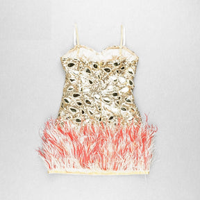 Dress For Women Pink Sequins Crystal Diamond Feather V-neck Sleeveless Suspenders Short Skirt Women
