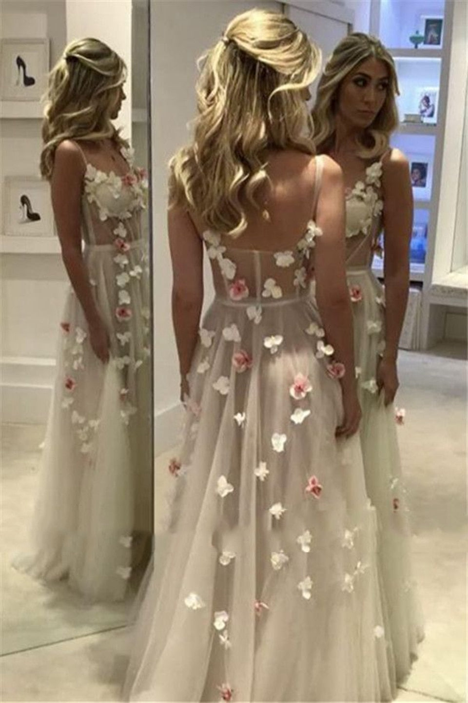 Ivory Prom Dresses Women Party Night Long Vestidos De Gala Elegant Evening Gowns Spaghetti Straps Flowers Robe De Soiree