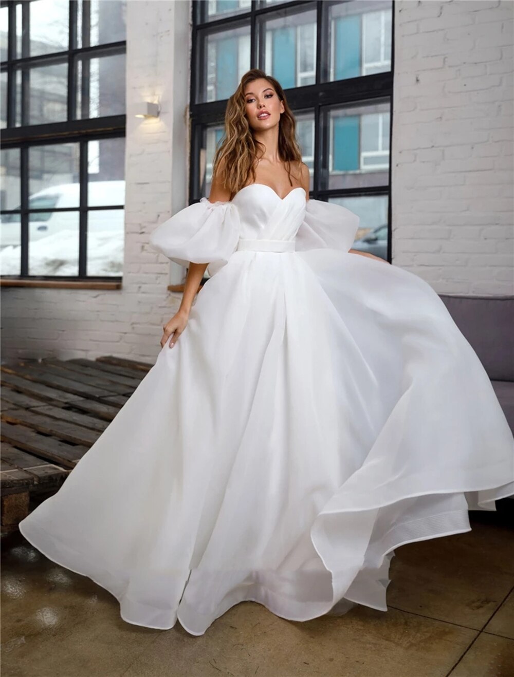 Sexy Organza Wedding Dresses For Women Detachable Puff Sleeves Elegant A-line Bride Dress Vestido de Noiva