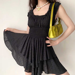 Boho Inspired shirred ruffled neckline tiered mini summer dress rayon black sexy women dress cute puff sleeve boho dress new