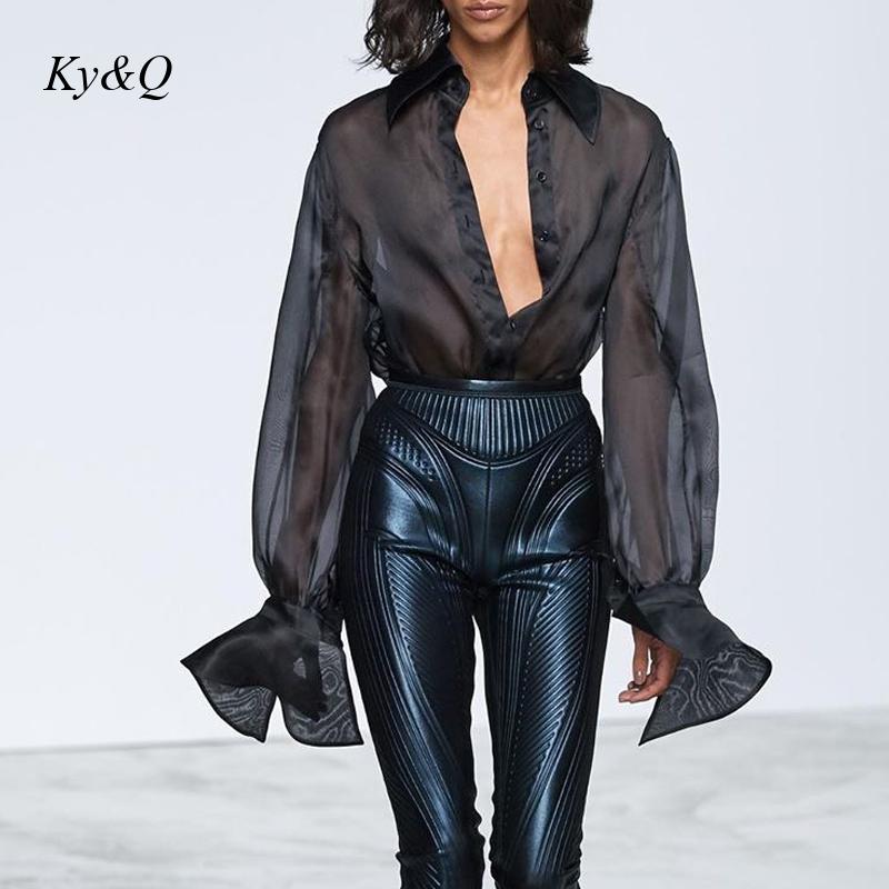 High End Custom Loose Luxury Black Micro Transparent Shirt Women Organza Top 2021 Designer Brand Mesh Blouse Runway Clothing