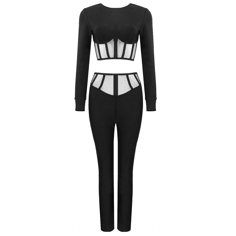 New Trendy Black Two Pieces Suit Voile Splicing Design Celebrity Party Bandage Crop Tops Pants Suit