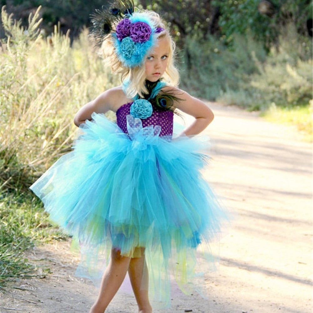 Girls Peacock Feather Tutu Dress Kids Crochet Tulle Trailing Dress with Flower Hairbow Children Cosplay Party Costume Dresses