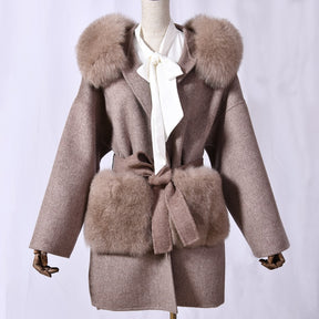 Cashmere Wool Coat with Fox Fur Hood Winter Big Fox Fur Pockets Belted Jackets Solid Color Coat Female Outerwear