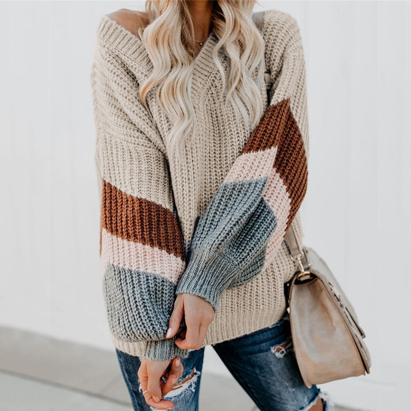 Fashion Knit Sweater Women Elegance V-neck Lantern Sleeve Winter Pullover Loose Oversized Striped Streetwear