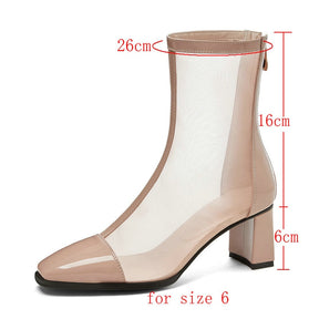 Boots Patent Leather Knee High Boots Sexy Hollow Breathable Mesh Boots Fashion Zipper Thick High Heel Shoes