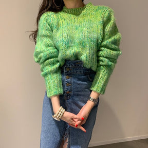 Mink cashmere Fashion Women Knitted Loose Pullovers Autumn Winter Green Hit Color Mohair Soft Warm Thick Sweater Jumper