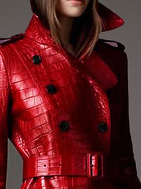 Long Red Crocodile Print Leather Trench Coat for Women Belt Double Breasted Elegant British Style Fashion