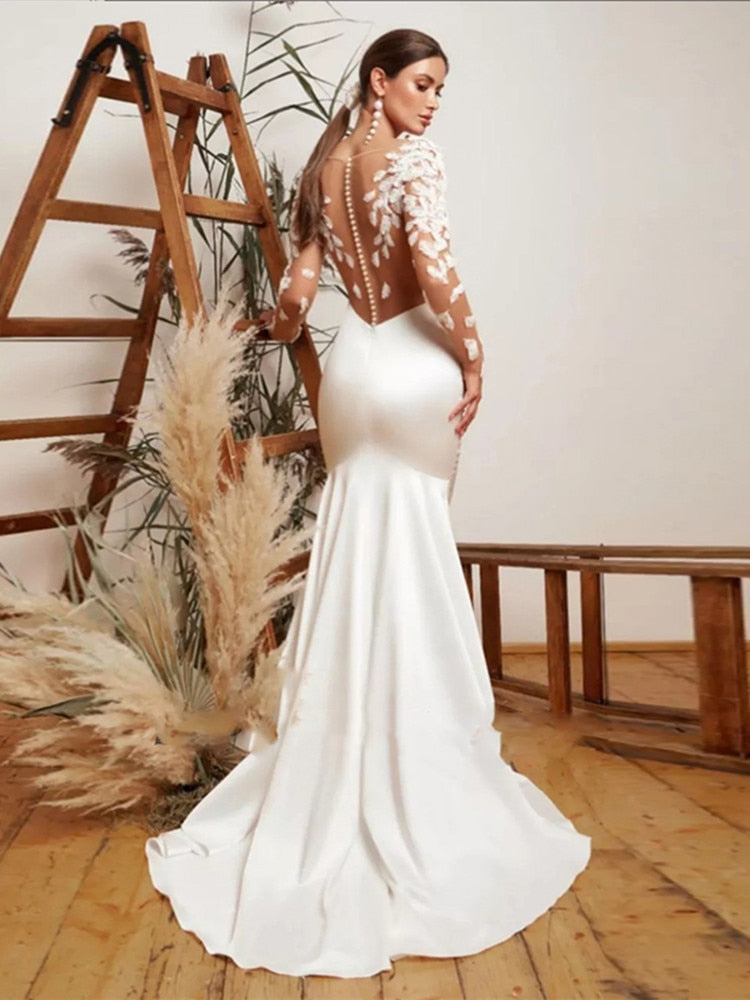Mermaid Wedding Dresses With Long Sleeves Lace Appliques Backless For Bride Sweep Train Custom Made Bridal Gown Buttons