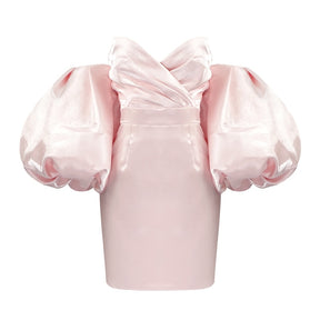 Trendy Pink Mini Dress Sexy Off Shoulder Puff Sleeves Design Celebrity Party Club Satin Vestido