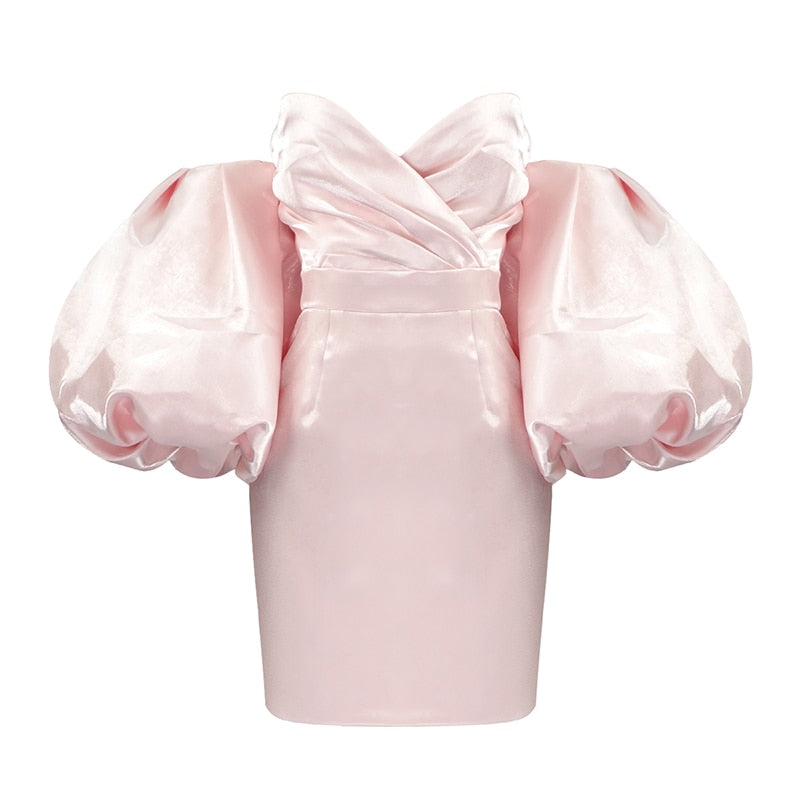 Trendy Pink Mini Dress Sexy Off Shoulder Puff Sleeves Design Celebrity Party Club Satin Vestido