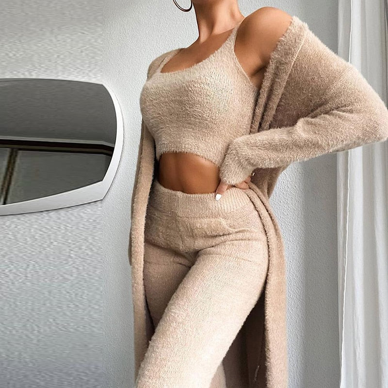 Fashion Plush Homewear Crop Top Trousers Three Piece Suit Women Knitted Casual Solid Soft Warm Tracksuit Sets