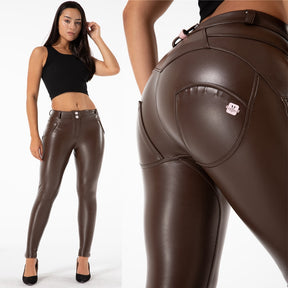 Brown Sexy Skinny  Leggings Pants Party Club High Waist Push Up Stretchy Faux Leather Slim Pencil Trouser