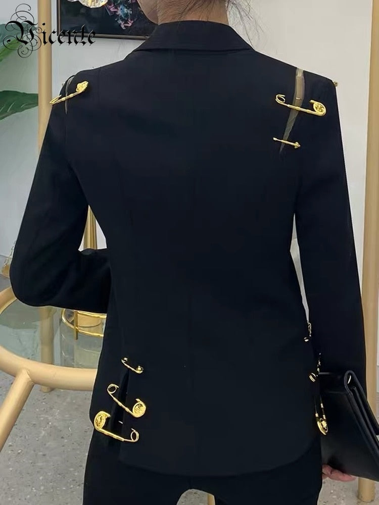 New Chic Pins Design Mesh Splicing Turn-down Collar Long Sleeves Celebrity Party Jacket Outwear