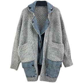 Loose Fit Knitting Denim Stitch Big Size Jacket New Lapel Long Sleeve Women Coat Fashion Tide Autumn Winter 2021