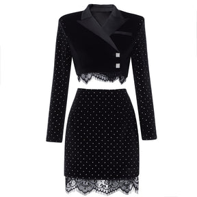 Black Velvet Dress Suit Women sequined Short Crop Top Jacket Mini Skirt Two Pieces Sets Dress Women
