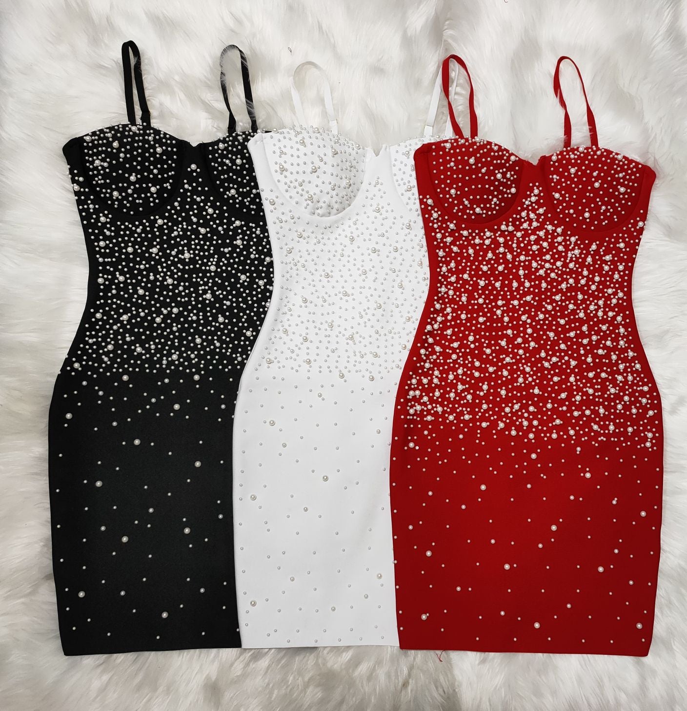 Pearl Beading Bandage Dress Mini Spaghetti Sleeveless Elegant Black Red White Bodycone Sexy New V-Neck Lady Vestidos