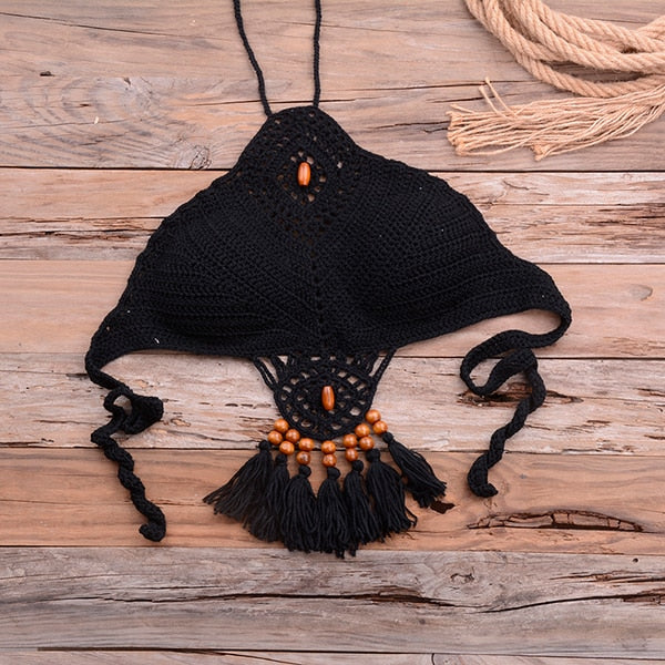 Sexy Halter Tie Knitting Bikini New Beach Crochet Swimwear Halter Beaded Tassel Crop Top Brazil Bikini Swimsuit Bathing Suit