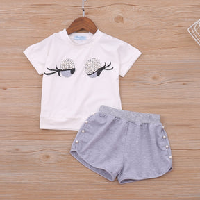 White T-Shirt+Shorts Casual Beading Decoration Sportswear