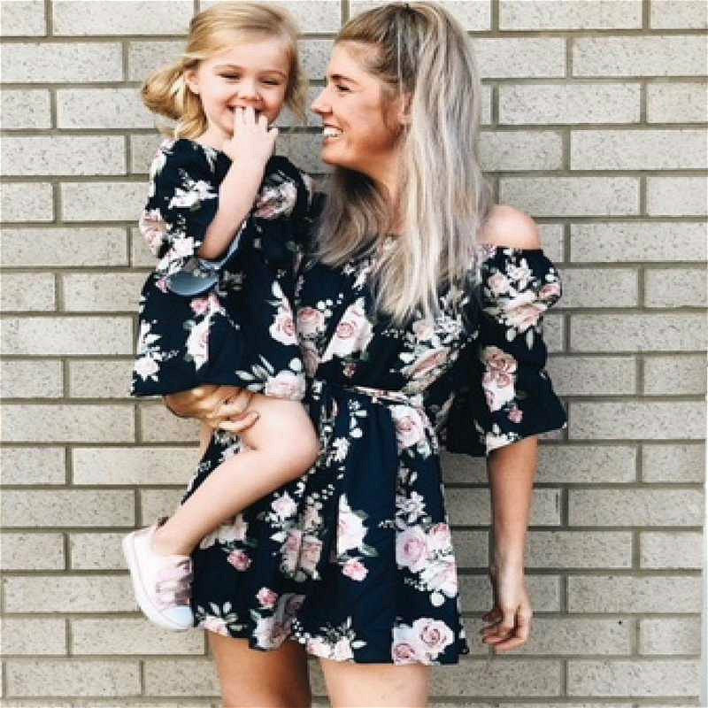 Mother and Daughter Matching Dress Clothes Off Shoulder Floral Mini Dress Mommy and Me Outfits