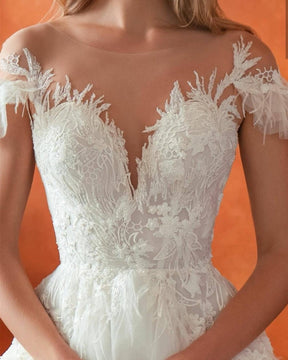 Wedding Dress With Feathers Backless Cap Sleeve Sweetheart Floor Length Gorgeous Bridal Gowns Sweep Train
