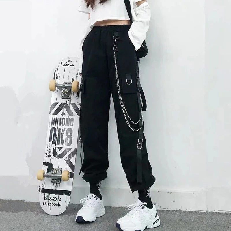 Women Cargo Pants 2022 Harem Pants Fashion Punk Pockets Jogger Trousers With Chain Harajuku Elastics High Waist Streetwear