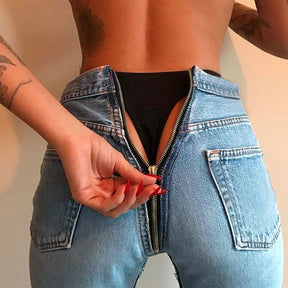 Sexy Back Zipper Long Jeans  Women Classic High Waist Skinny Pencil Light Blue Denim Pants  Elastic Stretch Jeans