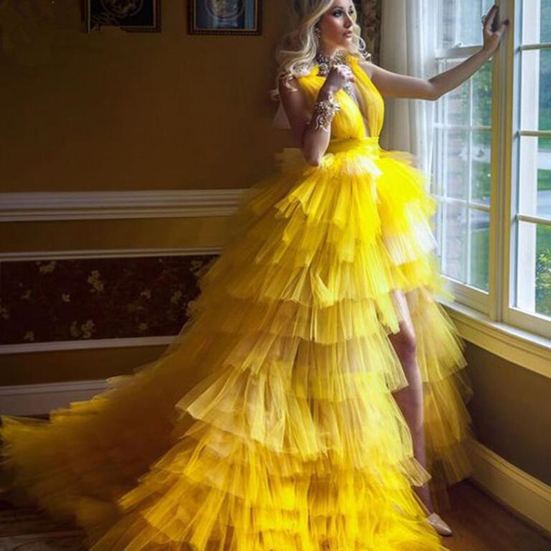 Elegant Princess Prom Gowns High Low Tiered Puff Yellow Tulle Long Evening Dress Deep V Neck Prom Party Dresses Custom Made