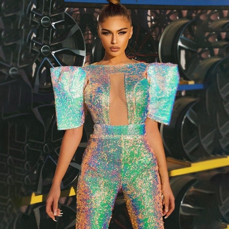 2023  Jumpsuit For Women Three-dimensional Sleeve Design Round Neck Short Sleeve Fashion Laser Sequined Trousers Suit