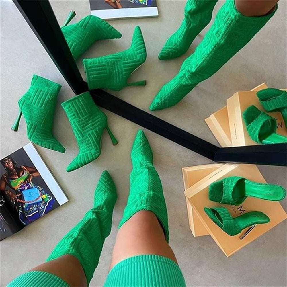 Knee High Boots Women Sexy Party Mature Thin High Heels Women Boots Flock INS Club Female Trendy Shoes