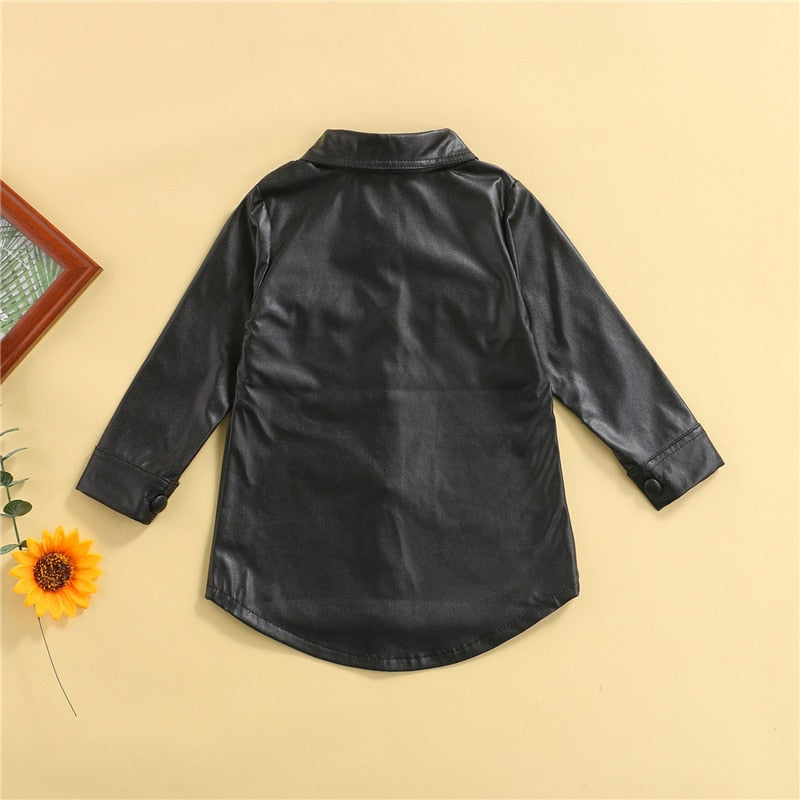 Lovely Girls Autumn Winter Dress Coat, Long Sleeve Lapel Collar Buttoned Thigh Long Leather Outerwear with Pocket 2-7Y