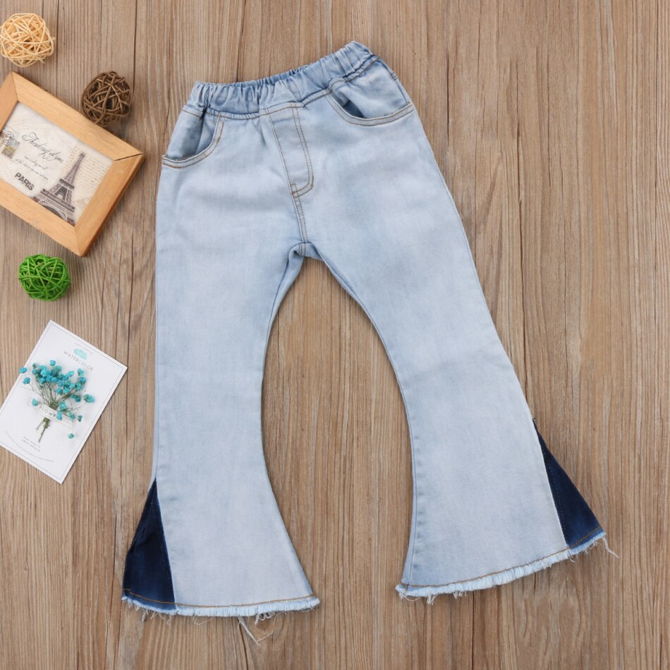 New Casual Toddler Baby Kids Girls Pants Denim Bell Bottom Pants Jeans Wide Leg Trousers 2-7Yrs