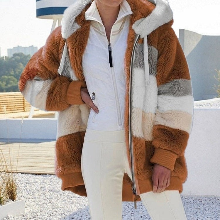 Thick Warm Teddy Coat Women Winter Long Sleeve Fluffy Hairy Fake Fur Jackets Female Hooded Zipper Pockets Plus Size Overcoat