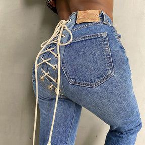 High Waist Women Jeans Street  Bandage Lace Up  Vintage Pants Woman Outfits Denim Female Pantacourtet Fashion Fitness Trousers H