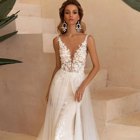 Sexy Mermaid Wedding Dresses 2022 Lace Appliques V-Neck Backless Vestido De Novia Detachable Sweep Train Tulle Robe De Mariée