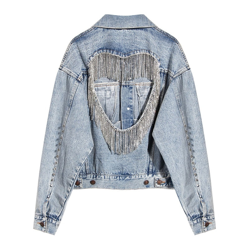 New Chic Beads Chain Design Sexy Back Hollow Out Short Jacket Female Casual Party Wear Denim Jacket