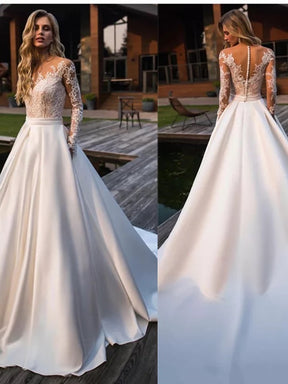 Elegant Satin Button Wedding Dress  A-Line Lace Applique Long Sleeve Backless For Women Hot Sale Robe De Mariage Tailor-Made