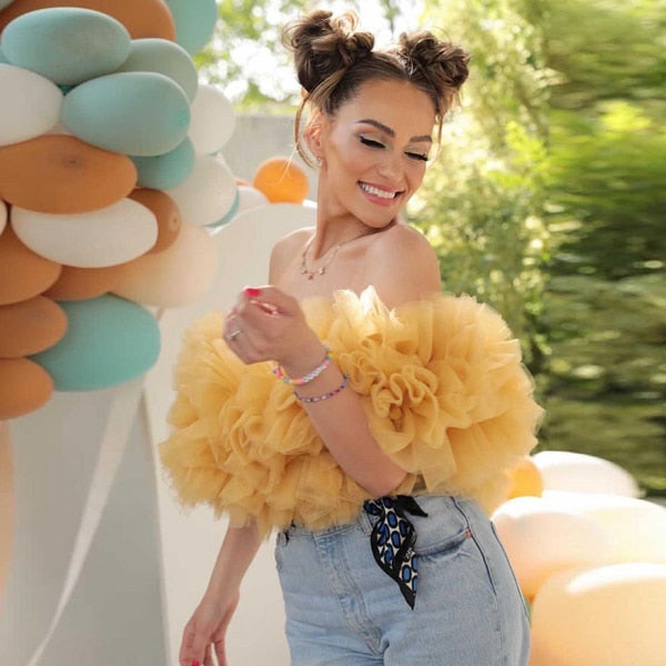 High Street Style Strapless Puffy Ruffled Short Party Tulle Tops Pretty Yellow