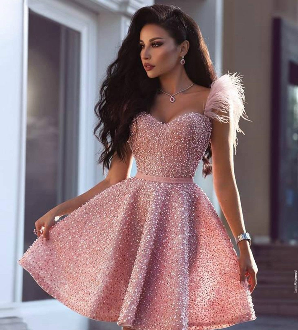 Pink Luxury Cocktail Dresses Short Prom Dress Crystal Sequins Feathers Homecoming Gowns Women New Elegant Graduation Dress