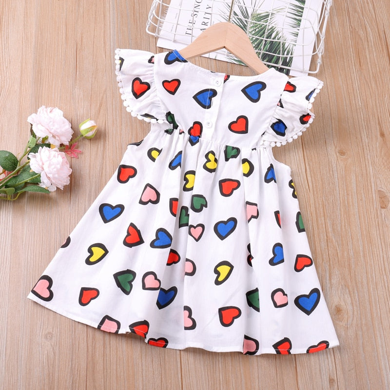 Summer Light Dresses Heart Shape Print Flying Sleeve Dress For Girls Kids Clothes