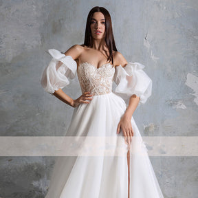 Princess Puff Sleeves Wedding Dresses Long  Women Simple Organza Robe De Mariee A-Line Wedding Gown Sweetheart Lace Split
